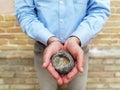 Man holding in his hands an empty nest of birds - the concept of rebirth in spring Royalty Free Stock Photo