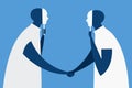 Illustration of people holding masks to fake their identity shaking hands