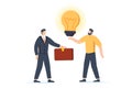 The man is holding a huge light bulb and shaking hands with a businessman with briefcase. Startup search of investments Royalty Free Stock Photo