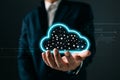 man holding icon cloud computing diagram show on hand. data center storage.cloud tech.secure backup and consistency network and Royalty Free Stock Photo