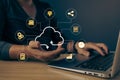 man holding icon cloud computing diagram show on hand. data storage.cloud technology.secure backup and consistency networking and Royalty Free Stock Photo