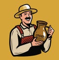 Man holding a jug. Drink emblem vector illustration