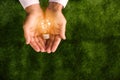 Man holding lamp bulb against green background, top view. Royalty Free Stock Photo