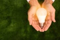 Man holding lamp bulb against green background, top view. Royalty Free Stock Photo