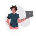 Man holding laptop african american guy model in casual trendy clothes male cartoon character portrait Royalty Free Stock Photo