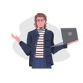 Man holding laptop guy model in casual trendy clothes male cartoon character portrait isolated Royalty Free Stock Photo