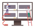 Man holding laptop standing at crane, looking at screen of computer, worker at ladder touch screen