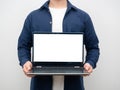 Man holding laptop white screen crop shot