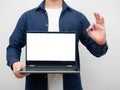 Man holding laptop white screen make hand ok crop shot