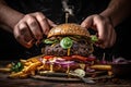 a man holding a large hamburger with french fries. Generative Ai Royalty Free Stock Photo