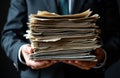 Man holding a large stack of aged documents with frayed edges in suit and tie Royalty Free Stock Photo