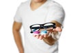 A man holding lenses for eye glasses. Close up. Isolated on whit Royalty Free Stock Photo