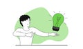 Man holding a light bulb in hands vector illustration concept. Idea search and creative marketing strategy. Business development