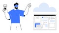 Man Holding Lightbulb and Pointing at Cloud-Based Digital Workspace Interface Royalty Free Stock Photo