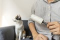 Man holding lint roller sitting on a sofa with a cute cat sit beside. Royalty Free Stock Photo