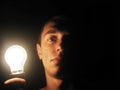 Man holding a lit bulb