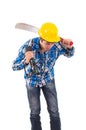Man holding a machete and helmet Royalty Free Stock Photo