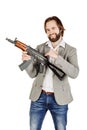 Man holding a machine gun isolated on white background Royalty Free Stock Photo