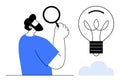 Person Examining Idea with Magnifying Glass and Lightbulb Symbolizing Creativity and Innovation Royalty Free Stock Photo