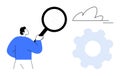 Man Holding Magnifying Glass with Cloud and Gear Icons Suggesting Analysis and Technology Royalty Free Stock Photo