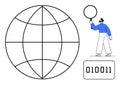 Person Analyzing Digital Data with a Magnifying Glass next to a Global Grid Sphere Royalty Free Stock Photo