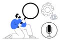 Man Holding Magnifying Glass with Gears and Microphone Symbol Highlighting Exploration and Innovation Royalty Free Stock Photo