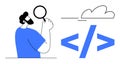 Man Analyzing Web Development Code with Magnifying Glass and Cloud Element Above Royalty Free Stock Photo