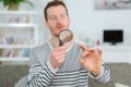 man holding magnifying glass and magnifying viewer ring Royalty Free Stock Photo