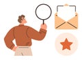 Man Searching for Important Information in an Envelope with Magnifying Glass and Star Icon Royalty Free Stock Photo