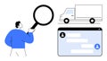 Person Analyzing Logistics with Magnifying Glass, Truck Illustration, and Messaging Interface Royalty Free Stock Photo