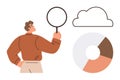 Man Analyzing Cloud Data with Magnifying Glass and Pie Chart Visualization Royalty Free Stock Photo