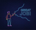 Man Holding Megaphone with Great job. Megaphone banner. Web design. Neon style. Vector stock illustration. Royalty Free Stock Photo