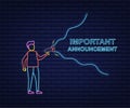 Man Holding Megaphone with important announcement. Megaphone banner. Neon style. Web design. Vector stock illustration. Royalty Free Stock Photo
