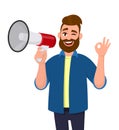 Man holding a megaphone/loudspeaker, winking eye and showing/gesturing OK/okay sign. Megaphone concept illustration in . Royalty Free Stock Photo