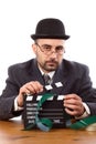 Man holding movie clapboard