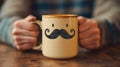 Man holding mug with mustache design, enjoying warm beverage at home Royalty Free Stock Photo