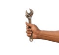 A man holding an old and rusty Adjustable Wrenches isolated