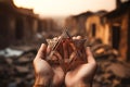 A man holding an old and rusty star of David in their hands on ruins background. Royalty Free Stock Photo