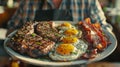 Gentleman Holding Out A Plate Filled with Steak, Bacon and Eggs. Generative AI Royalty Free Stock Photo