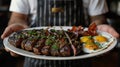 Restaurant Server Holding Out A Plate Filled with Steak, Bacon and Eggs. Generative AI Royalty Free Stock Photo