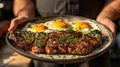 Male Hands Holding Out A Plate Filled with Steak and Eggs. Generative AI Royalty Free Stock Photo