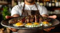 Man Wearing an Apron Holding Out A Plate Filled with Steak and Eggs. Generative AI Royalty Free Stock Photo