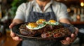 Chef Holding Out A Plate Filled with Steak and Eggs. Generative AI Royalty Free Stock Photo