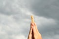 Man holding palo santo stick against gloomy sky, closeup. Space for text Royalty Free Stock Photo