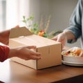 Man holding paper box of food, Food Delivery concept Royalty Free Stock Photo