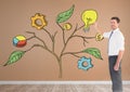 Man holding pen and Drawing of Business graphics on plant branches on wall