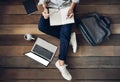 Man holding pencil writing notepad paper learning and research course tutoring education online on laptop with the coffee cup, Royalty Free Stock Photo