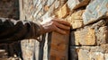 A man is holding a piece of wood against a brick wall Royalty Free Stock Photo