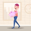 Man holding piggy box money growth wealth concept template for design work and animation flat