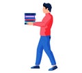 Student holding pile of books for educational process. Man carrying huge stack of textbooks Royalty Free Stock Photo